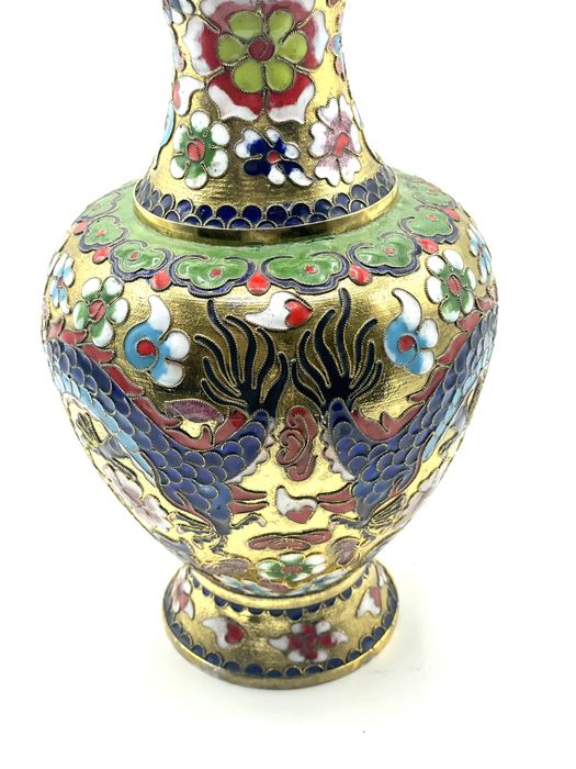 Pote jarro cloisonné chines oriental antigo folheado a ouro