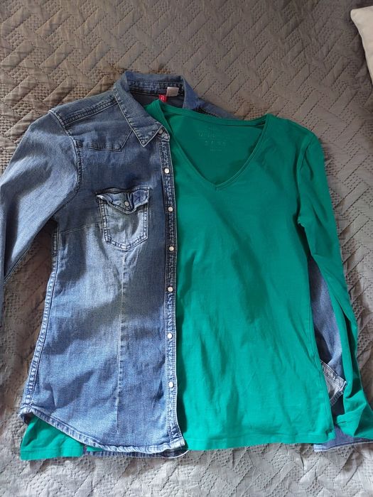 Zestaw koszula jeansowa + bluzka bawełniana w serek basic hit H&M r.S,