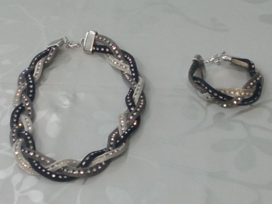 Conjunto - gargantilha e pulseira entrançada - preto, cinza, prata