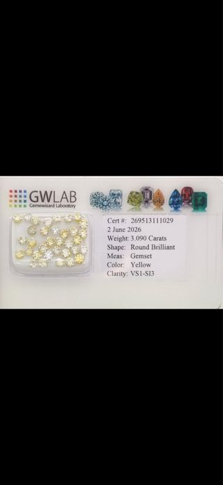 Diamenty NATURALNE 34 szt. – 3,09 ct, okrągły szlif, certyfikat GWLAB