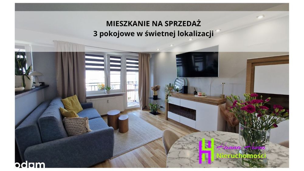 Umeblowane, wyposażone 3 pokojowe mieszkanie z dużym balkonem