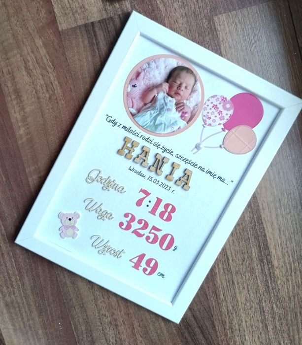 Metryczka z okazji narodzin dziecka w ramce ze zdjęciem
