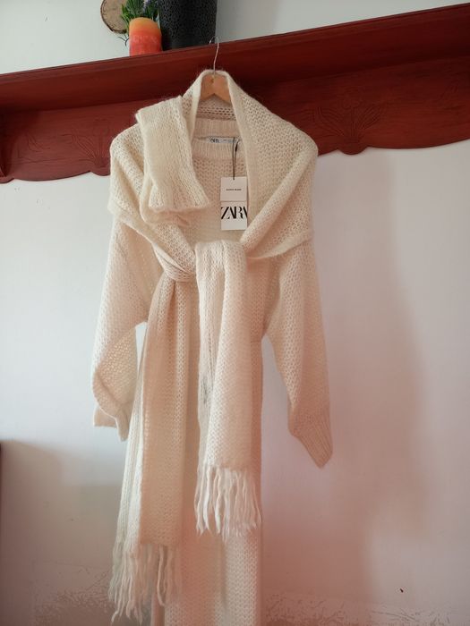 Zara sukienka wełna  długa ażurowa szydełkowa szal rękawiczki