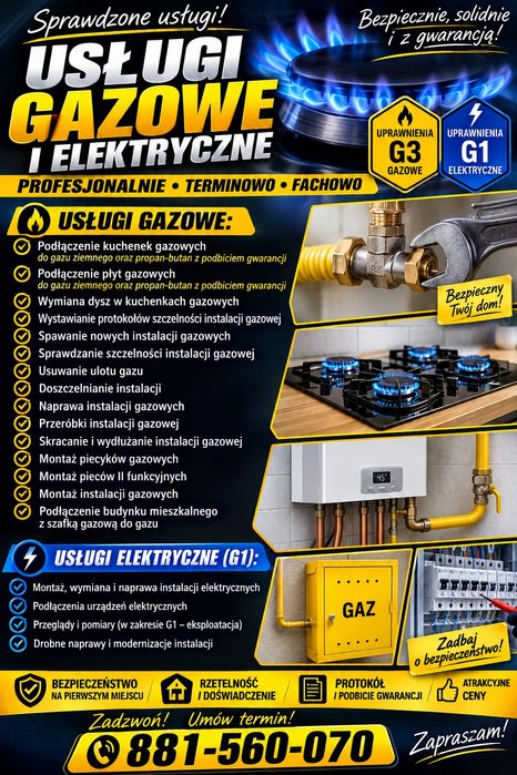 Oferuję Podłączenie, montaż, instalacje Gazu ,próby ciśnieniowe