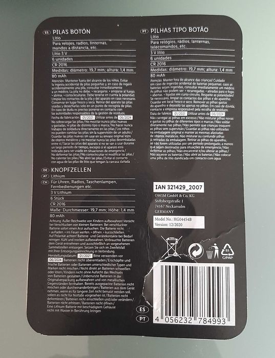 NOVO Pilhas Lítio CR 2016 3.0V 80mAh