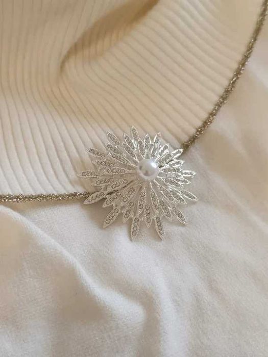Duża Ekskluzywna Broszka Śnieżynka Vintage | Perła i Cyrkonie boho