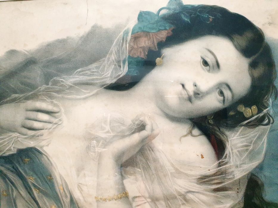 Lindissima antiga litografia francesa "mulher sensual" emoldurada