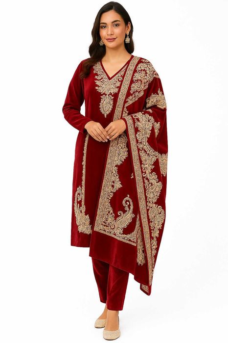 Indian Pakistani Punjabi Elegant Velvet Winter 3‑Piece Suit with Shawl