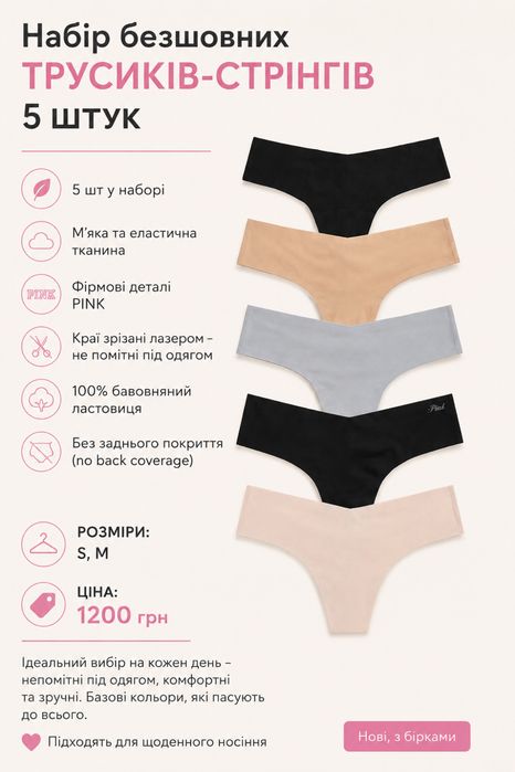 Набір безшовних трусиків-стрінгів Victoria’s Secret PINK, р. S, M