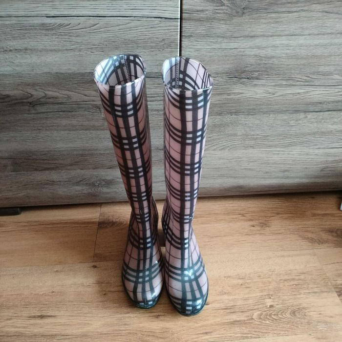 Kalosze w kratkę na obcasie 38, wysokie
