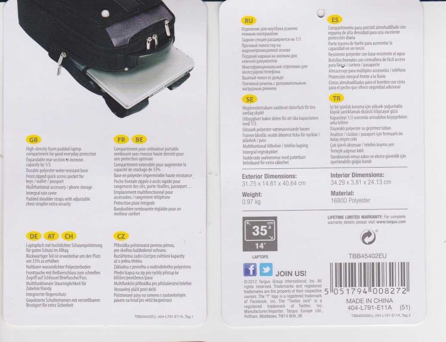 Targus Backpack for Laptop and Tablet with Multiple Interior Pockets425651515635148801
