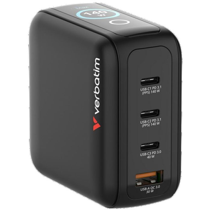 Ładowarka sieciowa Verbatim Mini GaN 140W 3xUSB-C PD/1x USB-A QC adapter UE/UK/USA czarny 30240