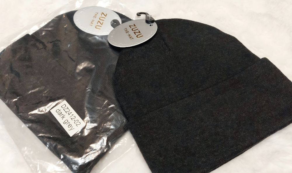 Prosta czapka dzianina prążek unisex 50% kaszmir 50% wełna grafitowa