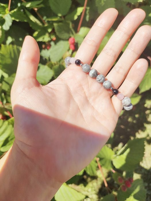 Bransoletka Jadeit, kwarc turmalinowy i różowy .miś