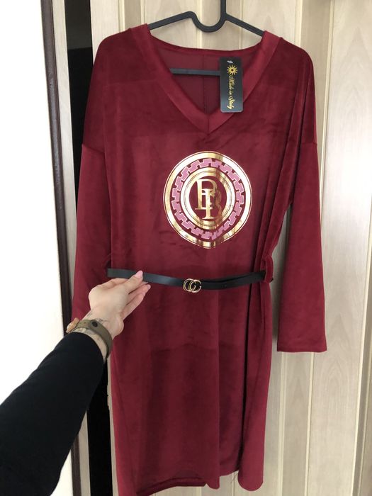 Sukienka welurowa bordowa bordo z paskiem nowa elegancka M welur