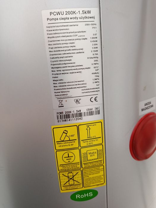 Pompa ciepła do wody użytkowej ze zbiornikiem 200l.