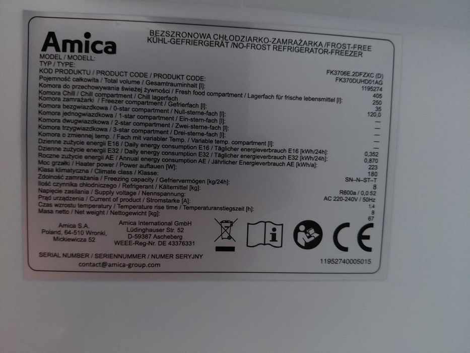 Lodówka Amica FK3706E.2DFZXC (D) Pełny No Frost 200cm Komora świeżości Czarny Inox