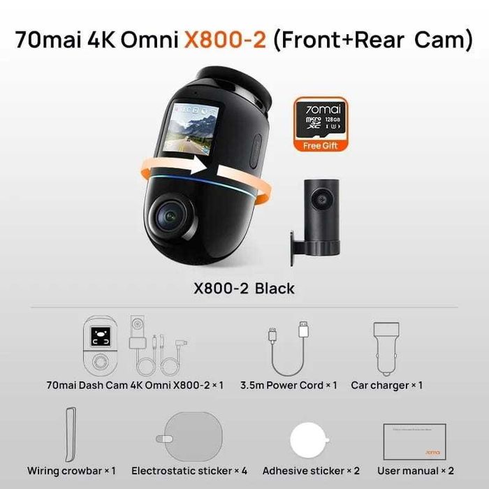 Видеорегистратор 70mai Dash Cam 4K Omni X800 + Rear Cam RC14 + 128 GB
