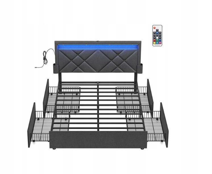 Łóżko Rama Podwójne 140 X 200 Tapicerowany Zagłówek Usb Vasagle Rmb827Gn01