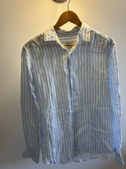 Camisa de linho Listrada Azul Massimo Dutti