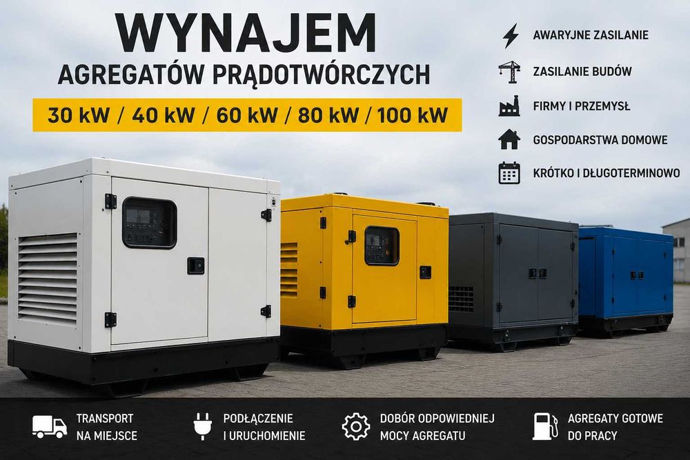 Wynajem agregatów prądotworzych 30-100kW wraz z transportem na miejsce