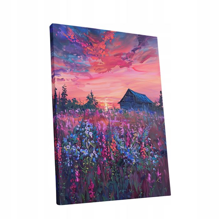 Obraz na płótnie Zachód Słońca z Kwiatowym Krajobrazem 60x80 cm