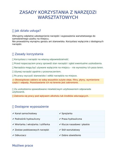 Garaz warsztat kanał  na godziny