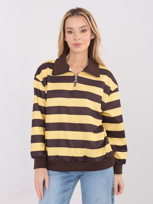 Żółta bluza damska oversize w paski z kołnierzykiem zamek Italy Moda