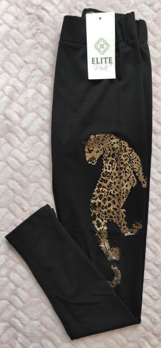 Nowe legginsy czarne z printem lamparta ze złoto czarnymi cekinami ELI