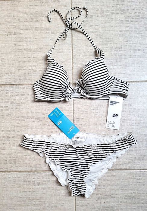 nowy 2 cz. strój kąpielowy, bikini w paski H&M góra 75C, dół 40/L