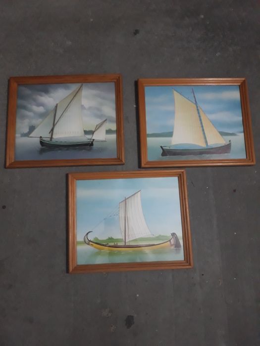 3 quadros de barco com moldura e vidro