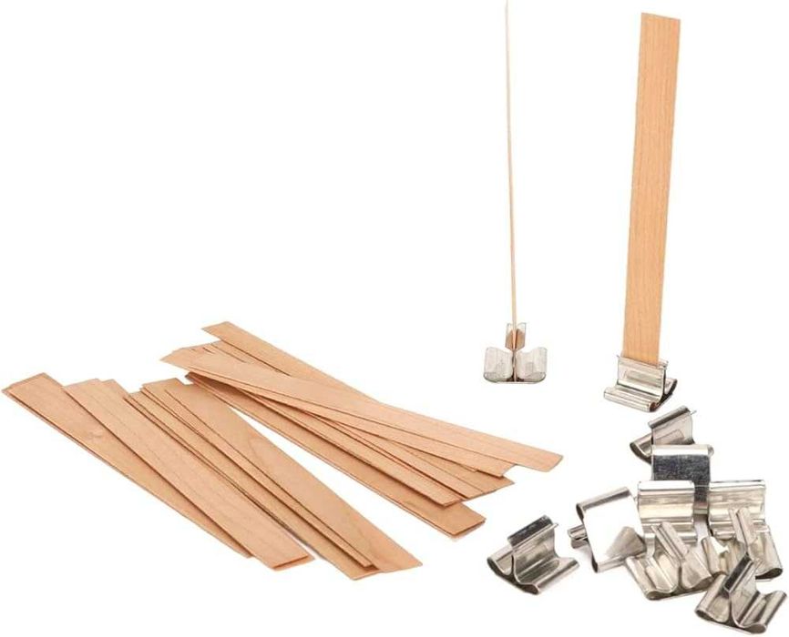 Pavios de vela de madeira com suporte metálico, 10 unidades