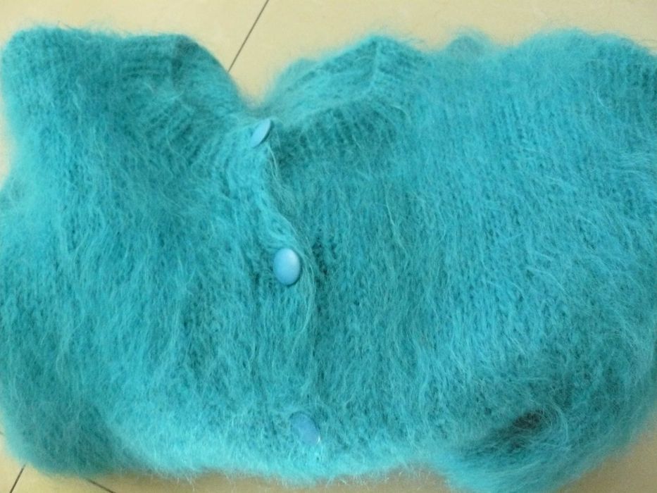 Szmaragdowy morski sweter rozpinany kardigan prawdziwy moher handmade