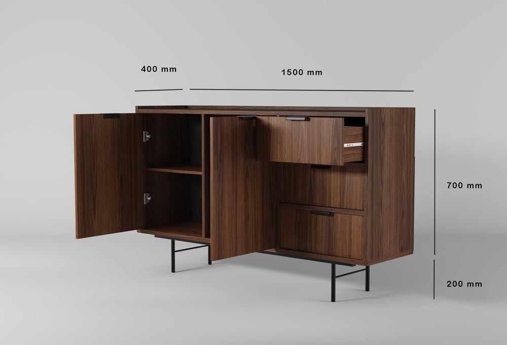 Komoda 150 cm 2 drzwi 3 szuflady Warmia Walnut loft Edison