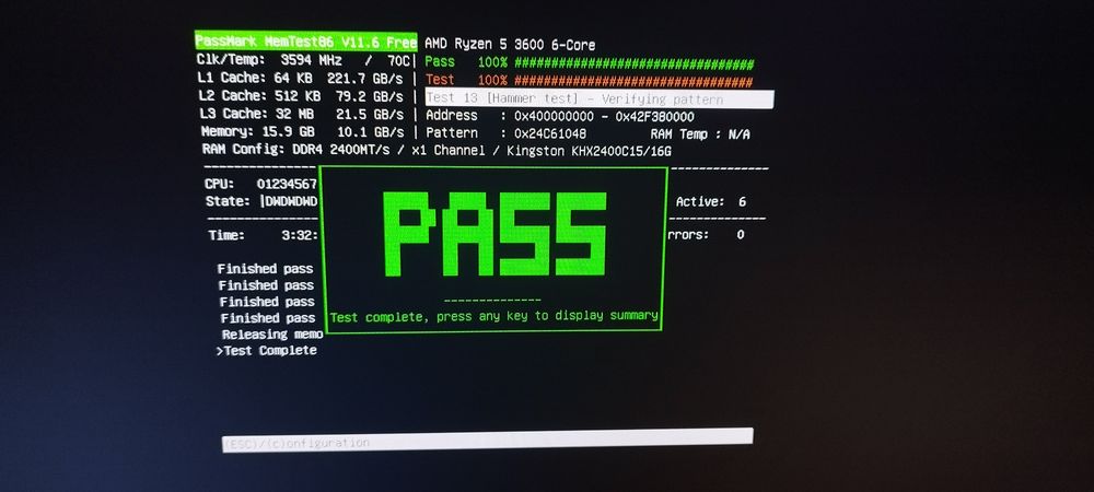 HYPERX - ddr4 16GB 2400MHZ cl15 fury rgb (Resultados MemTest86 com 0 erros)