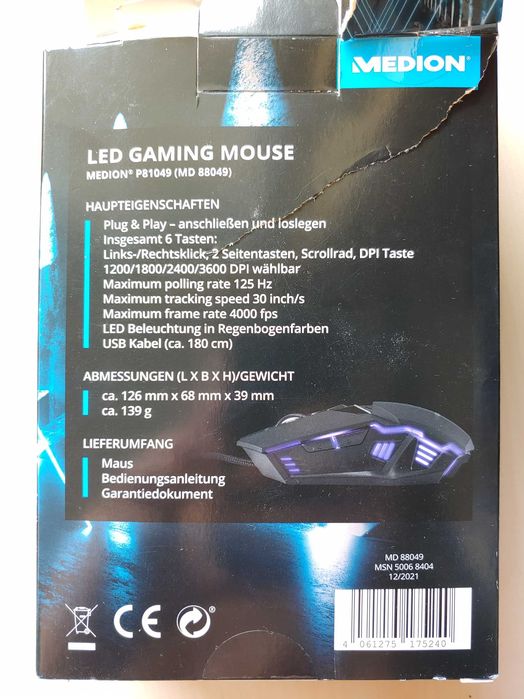 Myszka mysz komputerowa USB LED dla graczy gaming MEDION MD88049