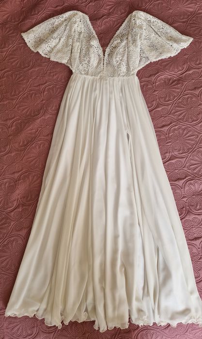 Suknia ślubna boho zwiewna muślin bawełna rękawki motylkowe eggshell