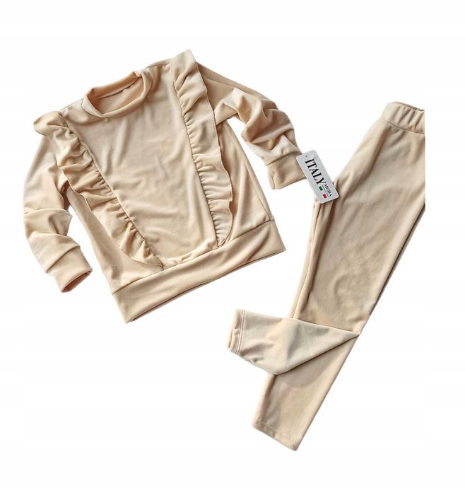 Dres welurowy dla dziewczynki  jasny beżowy nowy 98-104