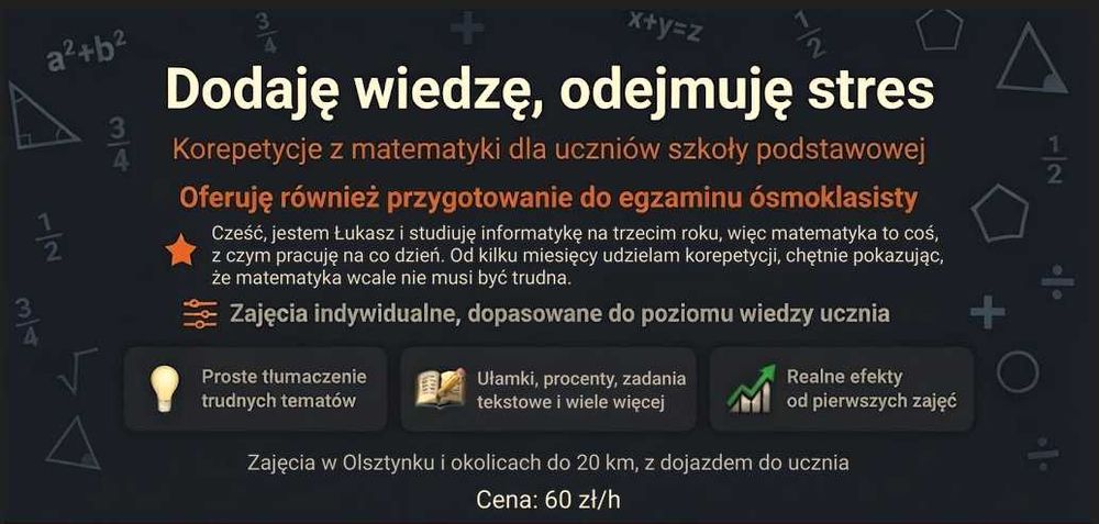 Korepetycje z matematyki dla uczniów Szkoły Podstawowej – Olsztynek, dojazd