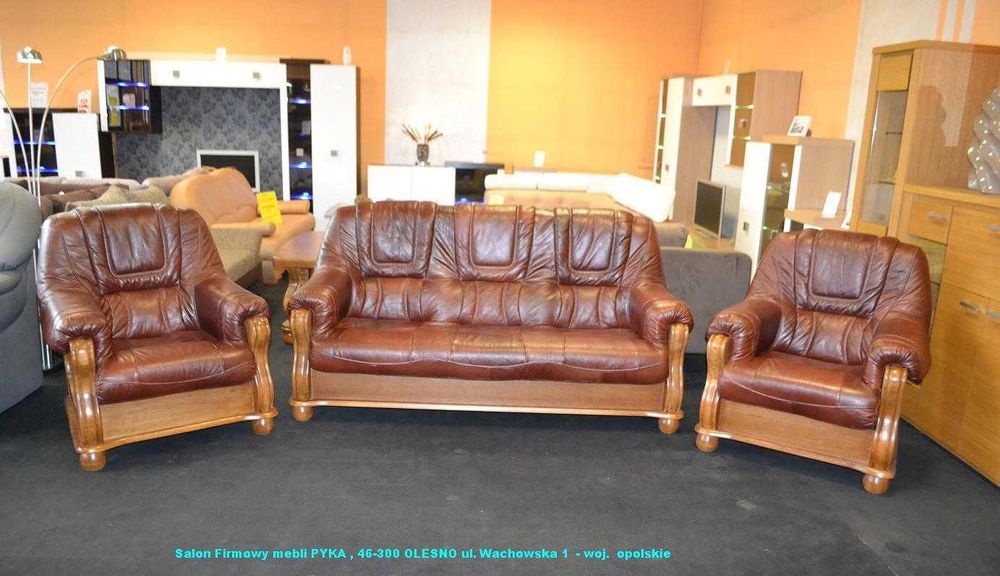 Nowy Komplet 3+1+1 ROMA , SKÓRA NATURALNA + Dąb, -25% MEBLE PYKA