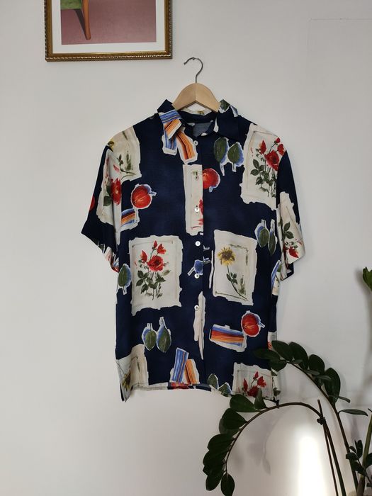 Koszula z Krótkim Rękawem Roślinny Print Vintage Retro