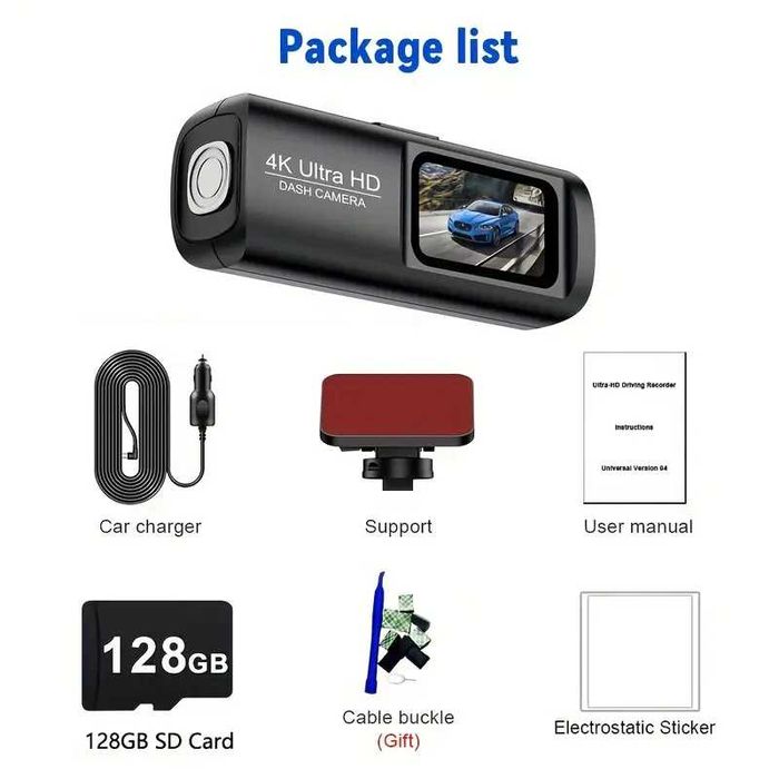 4K Ultra HD відеореєстратор з 128ГБ SD-картою, IPS-дисплеєм, Wi-Fi