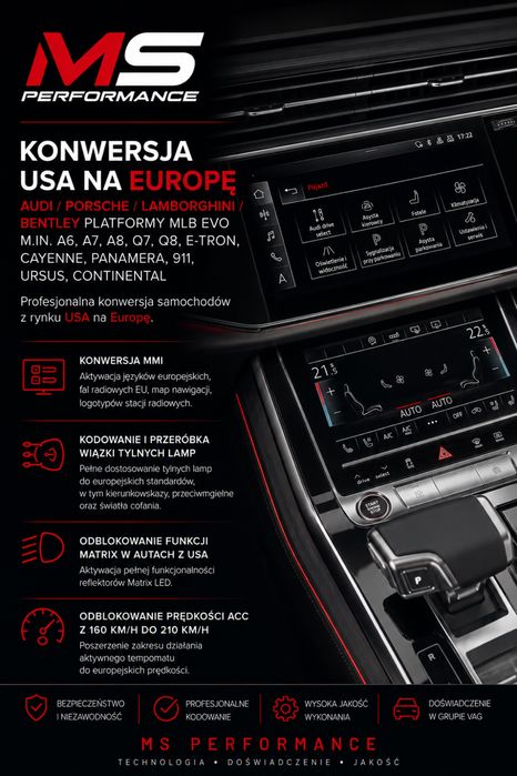 Konwersja USA EU Audi A8 Q8 A6 A7 Q3 Q5 Porsche Carplay Android Auto