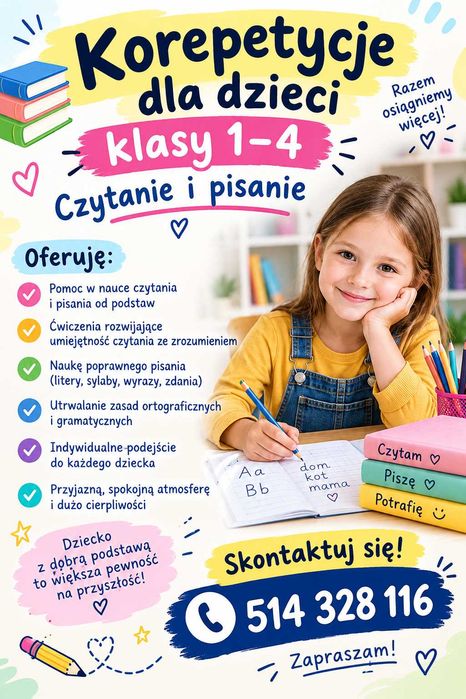 Korepetycje dla dzieci klas 1-4 - czytanie, pisanie