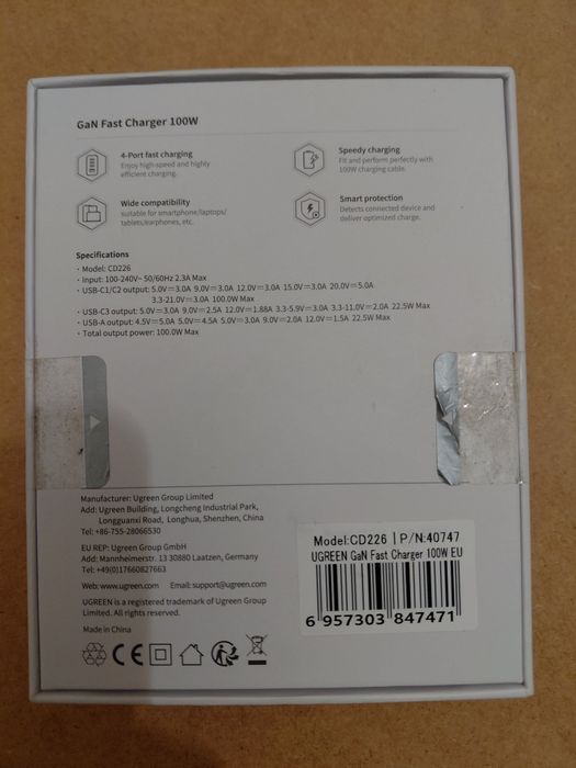 Зарядний пристрій Ugreen 4xUSB 100W (3xUSB-C+USB-A) Gan Tech Fast GAN