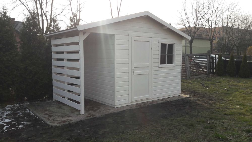 Drewniany domek ogrodowy, narzędziowy  z drewutnią 4x2m