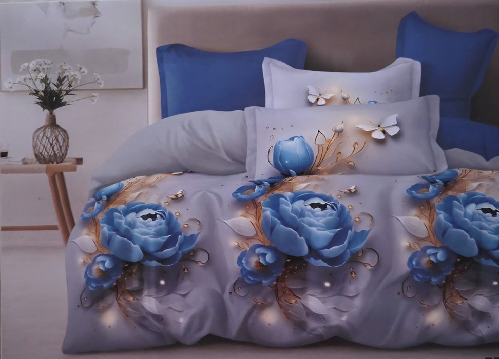 Komplet pościeli 200x220cm 4 czesciowy Kwiaty Niebieskie