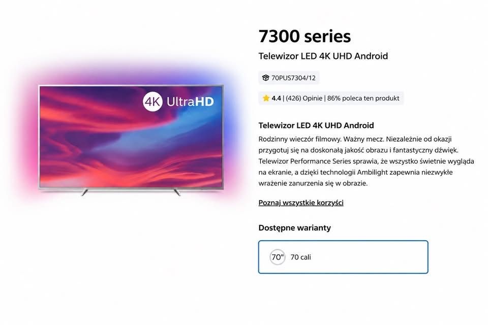 Telewizor LED 4K Philips ambilight 70”