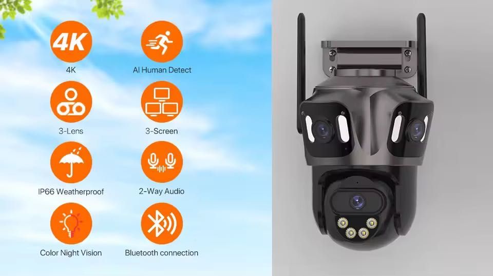 Уличная Wi-Fi IP-камера 12 МП с 3 объективами, ночное видение, iCSee