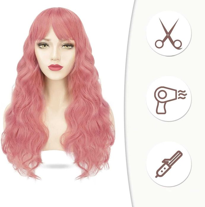 BARSDAR Długa Falowana Peruka z Grzywką 65 cm